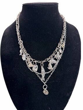 Handmade One of a Kind nautical layered nevklace, silver tone chain and charms